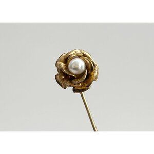XL Petaled Rose Floral Faux Pearl Gold T Vintage Stick Pin | Hat Pin | Lapel Pin
